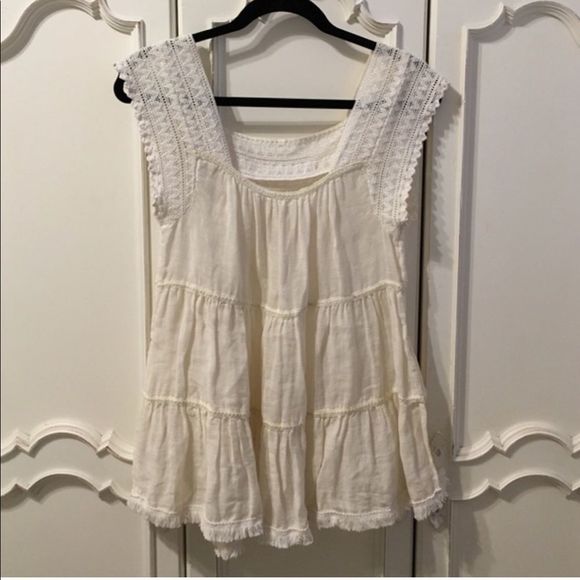 Free People Crochet Trim Linen Tiered White Tank Top Medium NWOT - Picture 4 of 6